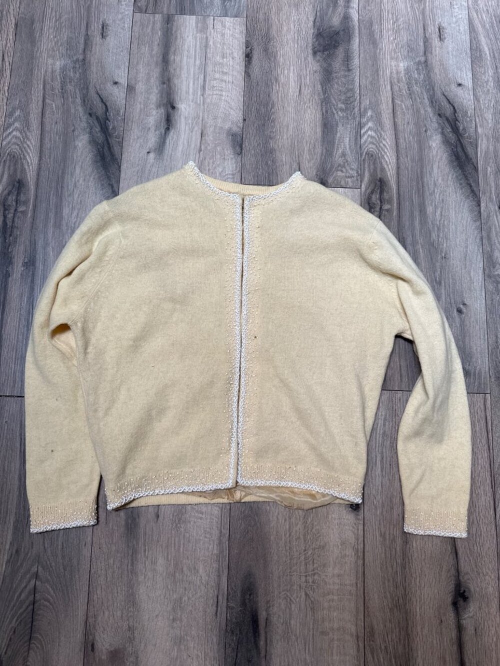 Vintage Lord & Taylor 50's Yellow Beaded Wool Angora Cardigan Sweater Satin Lini